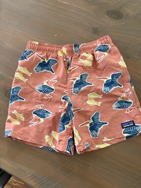 Patagonia Boys Coral Board Swim Shorts with Blue Pelican Print